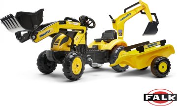 FALK Šlapací traktor 2076N Komatsu s nakladačem, rypadlem a vlečkou