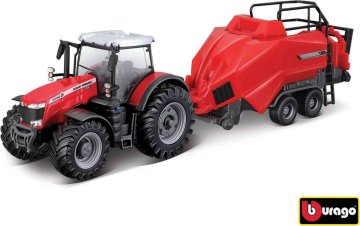 Bburago 1:50 Farm Traktor Massey Ferguson 8740S + Baler Lifter Rood