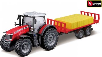 Bburago 10cm Farm tractor Messey Ferguson 8740S s přívěsem na balíky